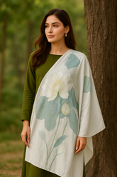 A woman standing outdoors wearing a green dress and a white dupatta with a lotus flower print.